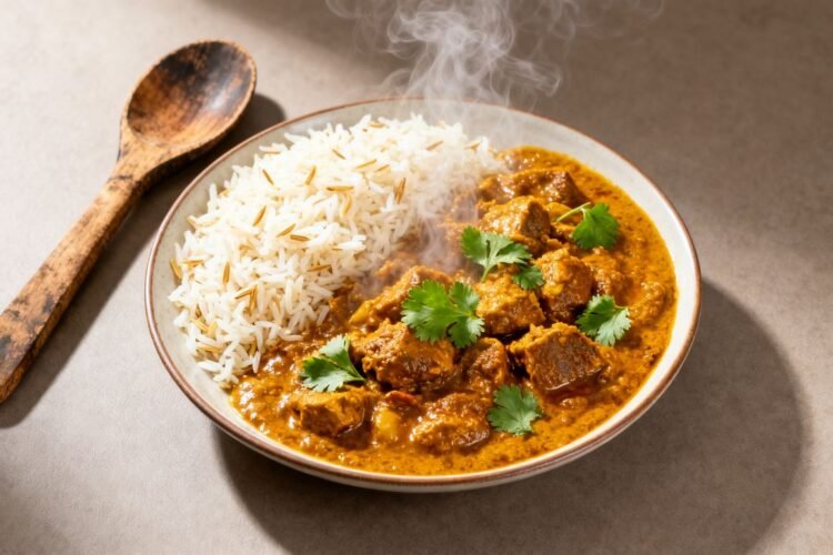 Delicious Indian curry with rice and garnish.