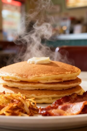 Affordable breakfast plate with pancakes, bacon, and hash browns.