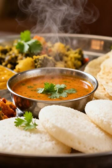 Assorted South Indian vegetarian dishes on a plate.