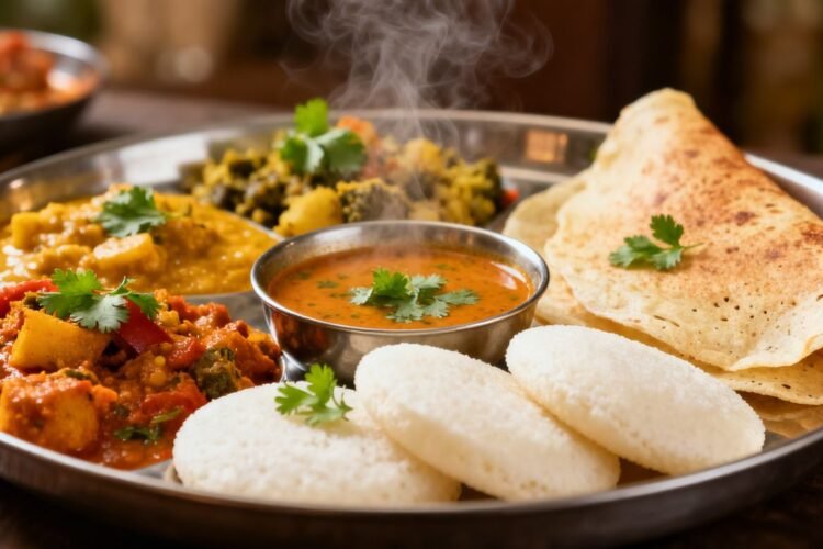 Assorted South Indian vegetarian dishes on a plate.