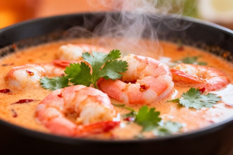 Goan shrimp curry in a bowl with cilantro