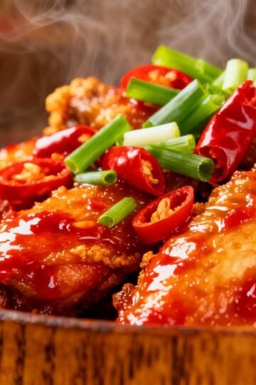 Spicy Chinese Chilli Chicken with green onions and red chilies.