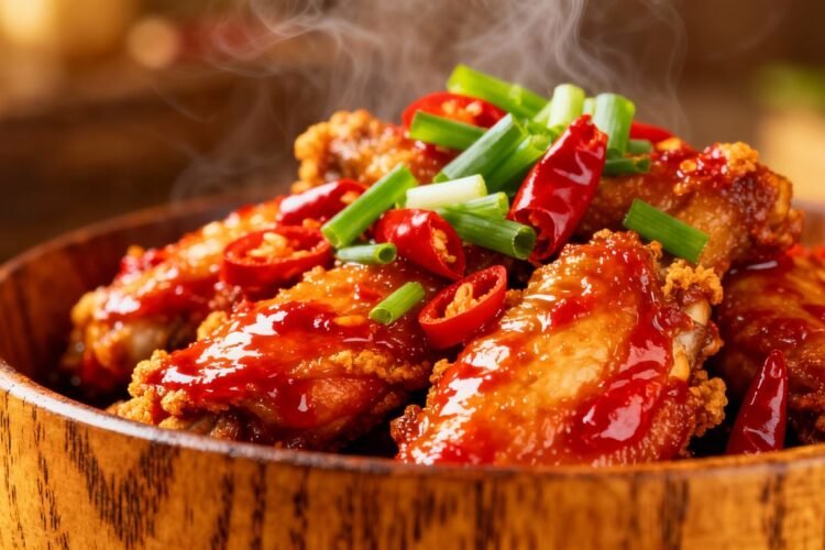 Spicy Chinese Chilli Chicken with green onions and red chilies.
