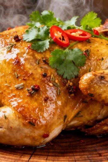 Authentic Desi Chicken, whole roasted and garnished.