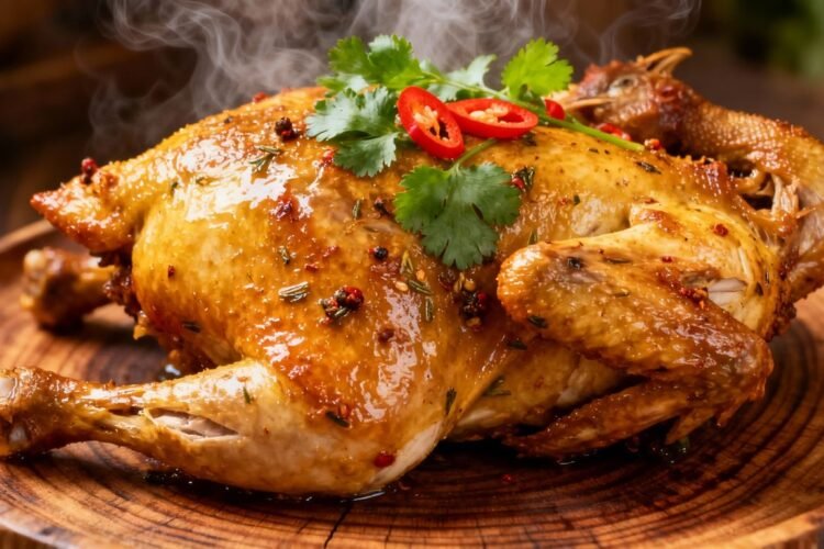 Authentic Desi Chicken, whole roasted and garnished.