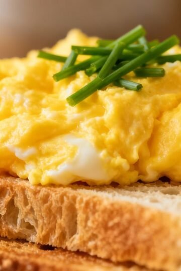 Scrambled egg on toast with chives.
