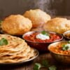 North Indian breakfast dishes: parathas, puris, and curries.