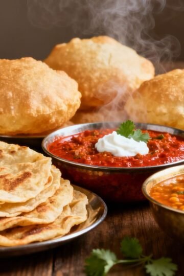 North Indian breakfast dishes: parathas, puris, and curries.