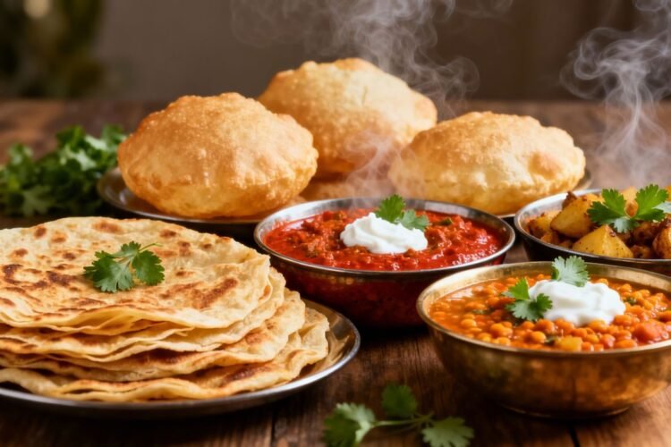 North Indian breakfast dishes: parathas, puris, and curries.