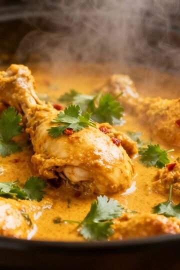 Crock pot chicken curry with spices and cilantro.