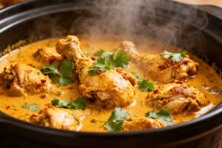 Crock pot chicken curry with spices and cilantro.