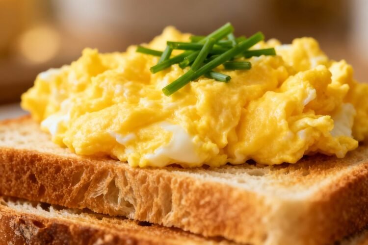 Scrambled egg on toast with chives.
