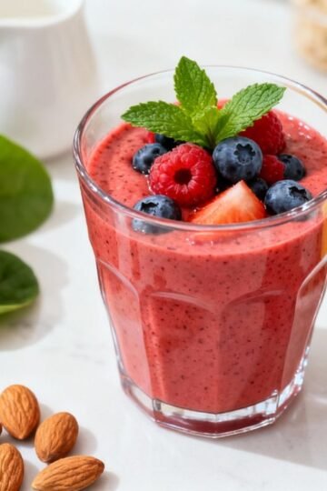 Healthy breakfast shake with berries and banana.