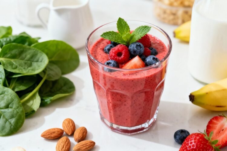 Healthy breakfast shake with berries and banana.
