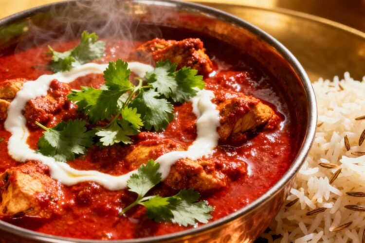 Authentic Indian spicy chicken curry in a bowl.