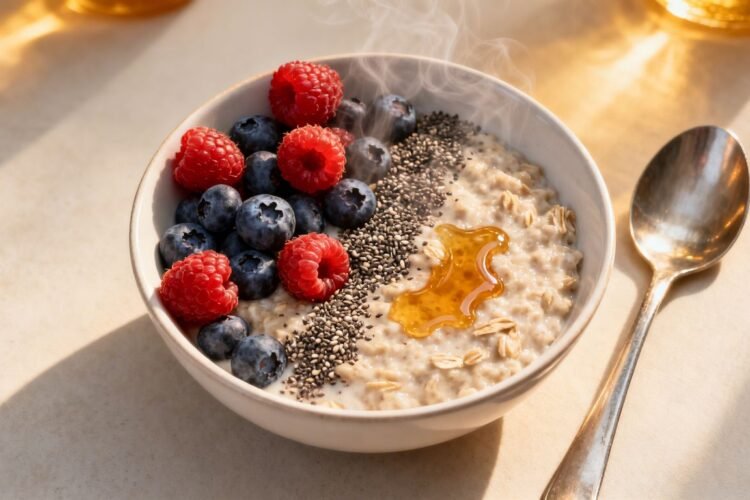 Healthy oatmeal with berries and honey