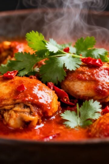 Spicy Indian chicken dish with cilantro and chili flakes.