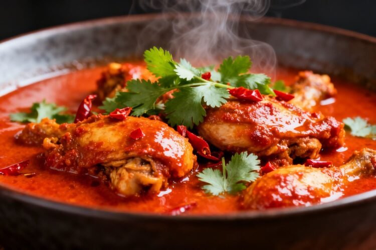 Spicy Indian chicken dish with cilantro and chili flakes.
