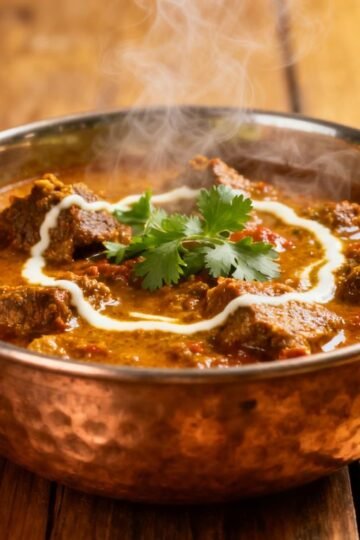 Rich mutton curry in a copper pot with cilantro garnish.