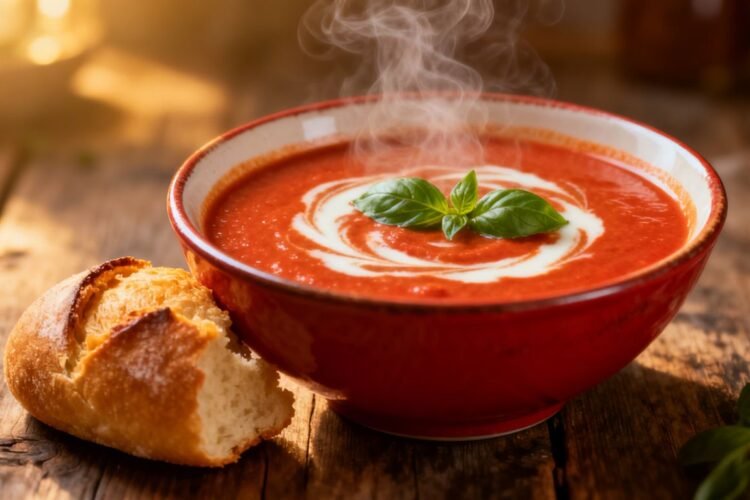 Creamy milk-based soup with basil and bread.