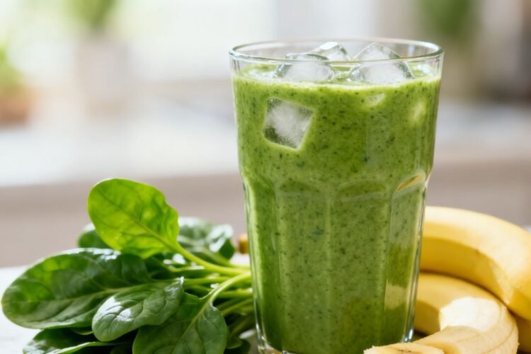 Healthy green breakfast smoothie with banana and spinach.