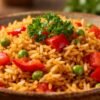 Authentic fried Spanish rice with vegetables in a bowl.