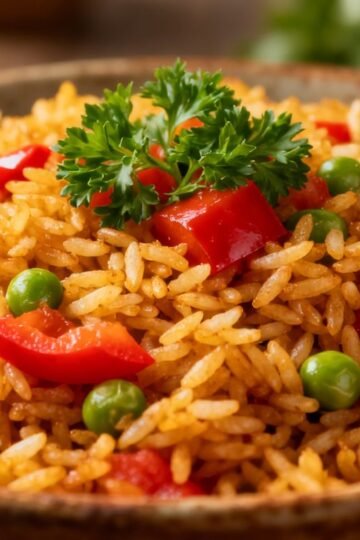 Authentic fried Spanish rice with vegetables in a bowl.
