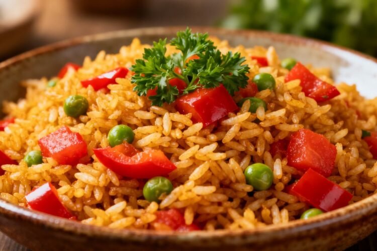 Authentic fried Spanish rice with vegetables in a bowl.