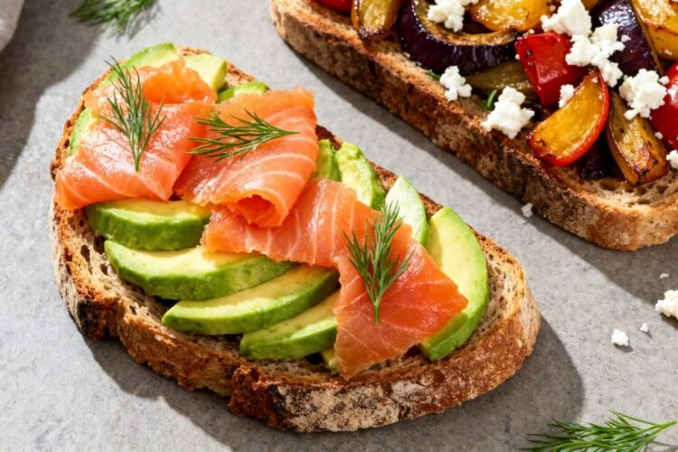 Assortment of delicious open-faced sandwiches with fresh toppings.