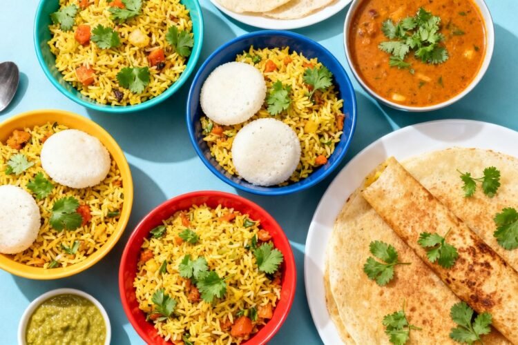Healthy Indian breakfast dishes like poha, idli, and dosa.