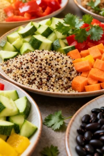 Healthy vegetarian dinner spread with fresh vegetables and grains.