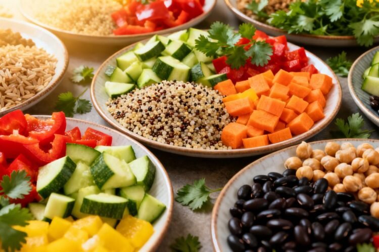 Healthy vegetarian dinner spread with fresh vegetables and grains.