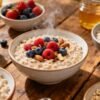 Healthy oatmeal bowls with fruits and nuts