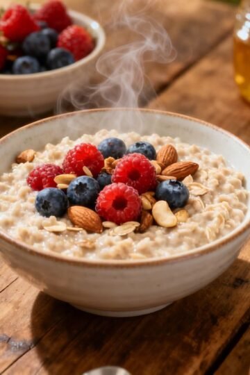 Healthy oatmeal bowls with fruits and nuts