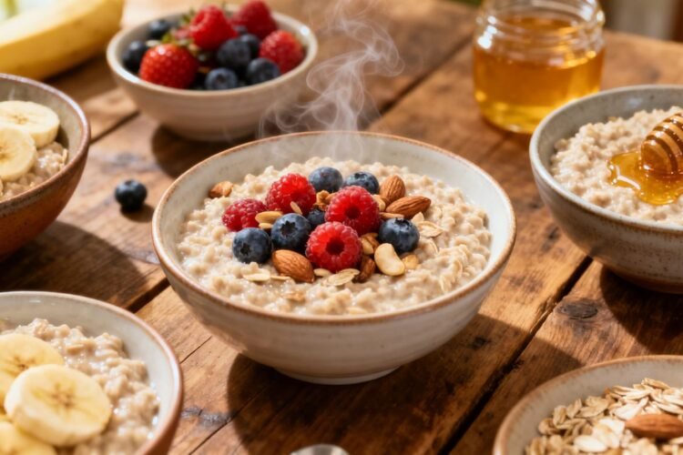 Healthy oatmeal bowls with fruits and nuts