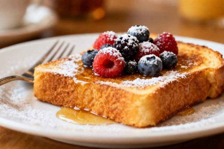 Single serving of French toast with berries and syrup.