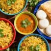 Assortment of Indian vegetarian breakfast dishes.