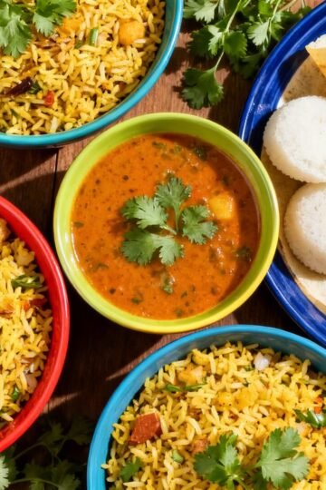 Assortment of Indian vegetarian breakfast dishes.