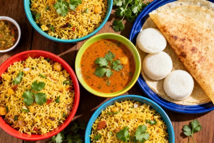 Assortment of Indian vegetarian breakfast dishes.