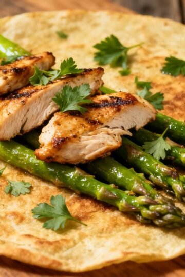 Chicken and asparagus wrap on a wooden board.