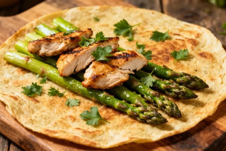 Chicken and asparagus wrap on a wooden board.