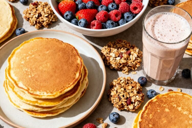 Muscle-building breakfast spread with pancakes, berries, and protein shake.