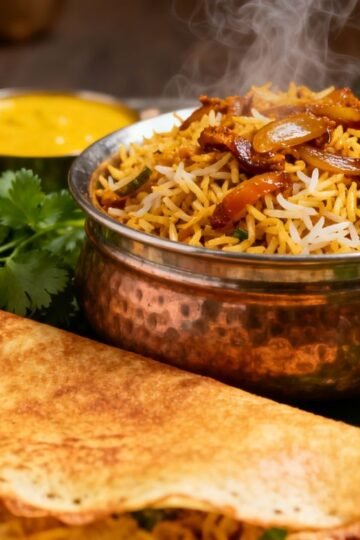 Assortment of South Indian dishes like dosas and biryani.
