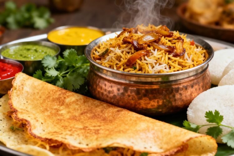 Assortment of South Indian dishes like dosas and biryani.