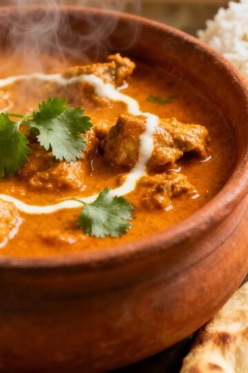 Authentic Punjabi chicken curry with rice and naan.