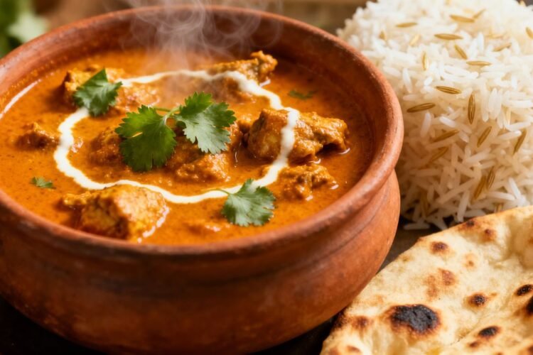 Authentic Punjabi chicken curry with rice and naan.