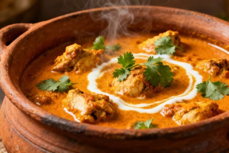 Slow cooked Indian chicken curry in a clay pot.