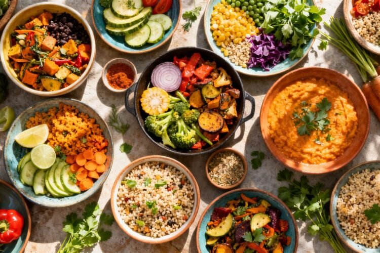 Healthy vegetarian meals on a table