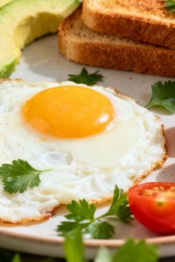 Delicious breakfast eggs with colorful sides and toast.