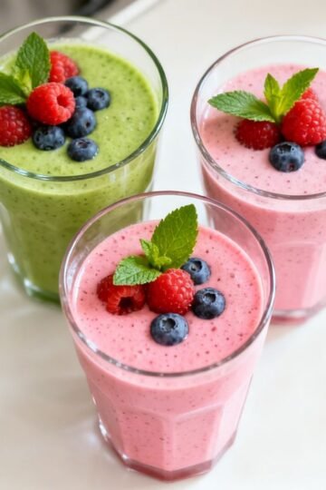 Healthy breakfast smoothies with fresh fruit garnishes.